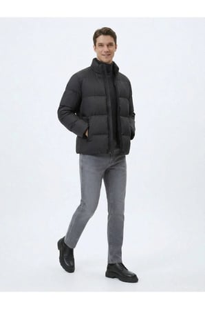 Siyah Regular Fit Dik Yaka Casual Dokuma Mont