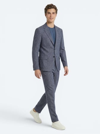 Mavi Desenli Modern Fit Keten Karışımlı Takım Elbise