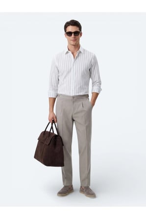 Beyaz Çizgili Regular Fit Dokuma Casual Pamuk Karışımlı Gömlek