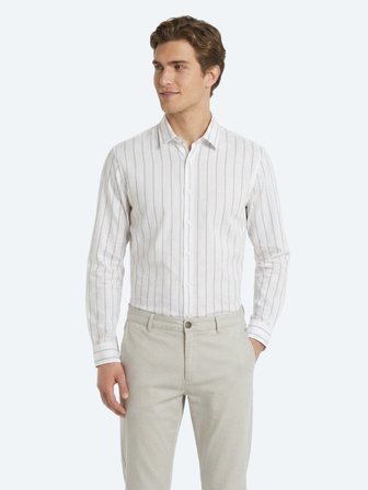 Bej Çizgili Regular Fit Uzun Dokuma Casual Pamuk Karışımlı Gömlek