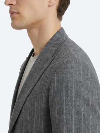 Petrol Çizgili Modern Fit Keten Karışımlı Ceket