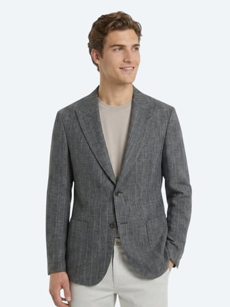 Petrol Çizgili Modern Fit Keten Karışımlı Ceket