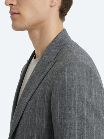 Petrol Çizgili Modern Fit Keten Karışımlı Ceket