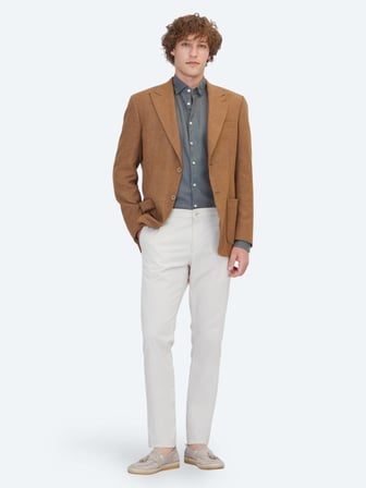 Kahverengi Desenli Modern Fit Keten Karışımlı Ceket