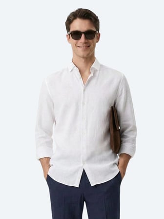 Beyaz Düz Regular Fit Uzun Dokuma Casual Pamuk Karışımlı Gömlek