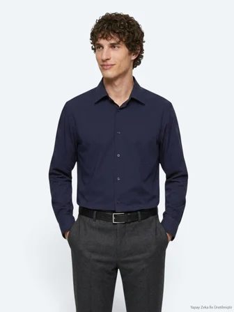 Lacivert Düz Regular Fit Uzun Casual Gömlek