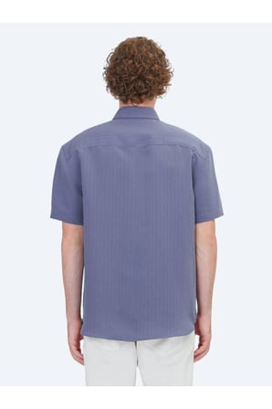 İndigo Çizgili Oversize Fit Kısa Dokuma Casual Gömlek