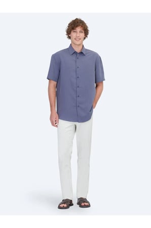 İndigo Çizgili Oversize Fit Kısa Dokuma Casual Gömlek