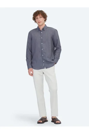 Antrasit Çizgili Regular Fit Dokuma Casual Gömlek