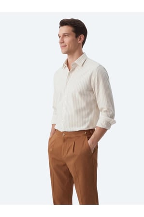 Safran Çizgili Regular Fit Dokuma Casual Gömlek
