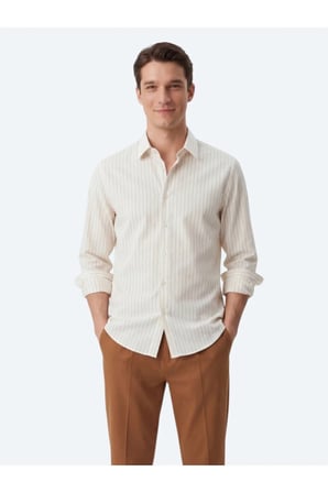 Safran Çizgili Regular Fit Dokuma Casual Gömlek