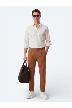 Safran Çizgili Regular Fit Dokuma Casual Gömlek