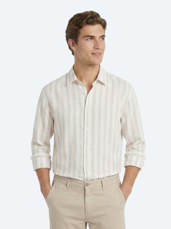 Açık Bej Çizgili Oversize Fit Uzun Dokuma Casual Keten Karışımlı Gömlek