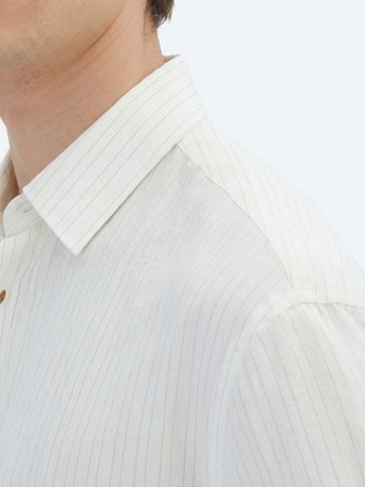 Açık Bej Çizgili Oversize Fit Uzun Dokuma Casual Keten Karışımlı Gömlek