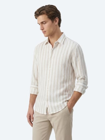 Açık Bej Çizgili Oversize Fit Uzun Dokuma Casual Keten Karışımlı Gömlek