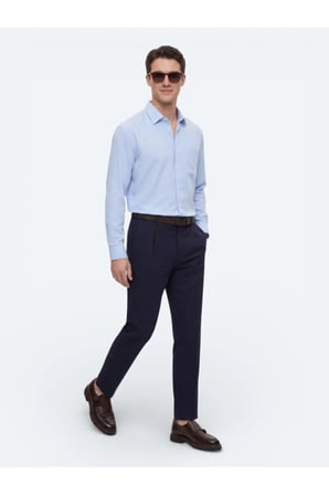 Lacivert Düz Dokuma Regular Fit Casual Pamuk Karışımlı Pantolon