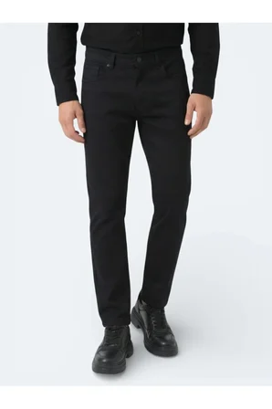 Siyah Düz Dokuma Slim Fit Spor Pamuk Karışımlı Pantolon