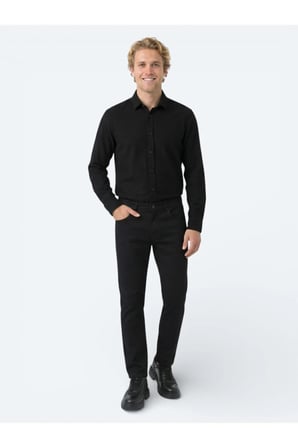 Siyah Düz Dokuma Slim Fit Spor Pamuk Karışımlı Pantolon