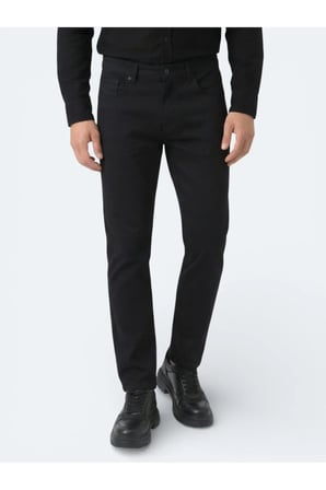 Siyah Düz Dokuma Slim Fit Spor Pamuk Karışımlı Pantolon