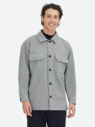 Gri Düz Regular Fit Dokuma Overshırt