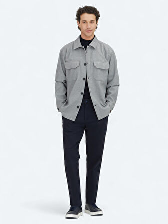 Gri Düz Regular Fit Dokuma Overshırt