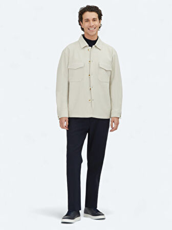 Bej Düz Regular Fit Dokuma Overshırt