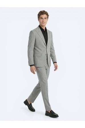 Gri Çizgili Modern Fit Yün Karışımlı Takım Elbise