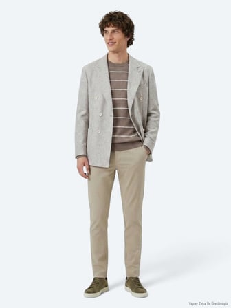 Açık Kahve Desenli Modern Fit Yün Karışımlı Ceket