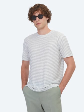 Gri Çizgili %100 Keten T-Shirt