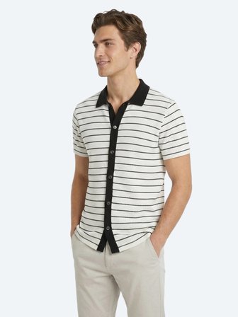 Ekru Çizgili Regular Fit Kısa Casual Pamuk Karışımlı Gömlek