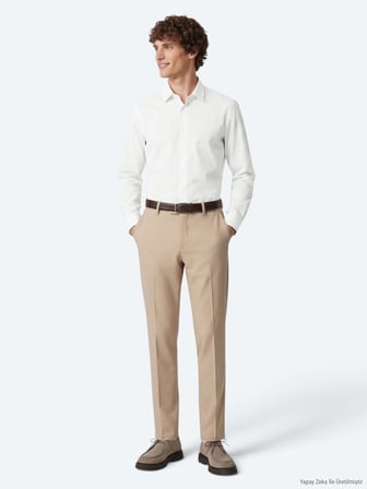 Açık Bej Çizgili Regular Fit Uzun Dokuma Casual %100 Pamuk Gömlek