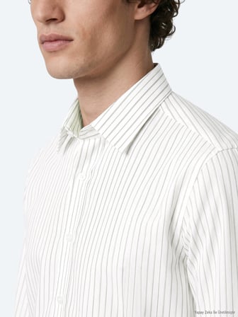 Açık Bej Çizgili Regular Fit Uzun Dokuma Casual %100 Pamuk Gömlek