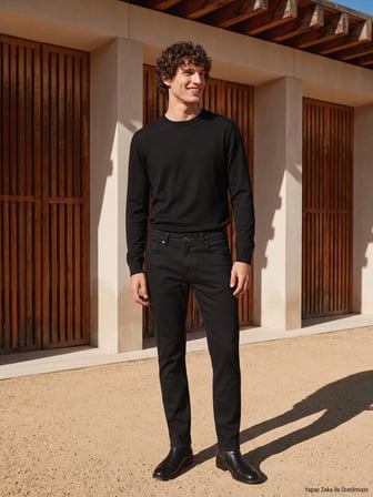 Siyah Düz Dokuma Slim Fit Spor Pamuk Karışımlı Pantolon