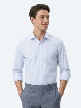Açık Mavi Çizgili Regular Fit Uzun Dokuma Casual Pamuk Karışımlı Gömlek