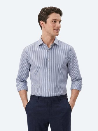 Lacivert Çizgili Regular Fit Uzun Dokuma Casual Pamuk Karışımlı Gömlek