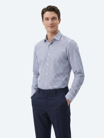 Lacivert Çizgili Regular Fit Uzun Dokuma Casual Pamuk Karışımlı Gömlek