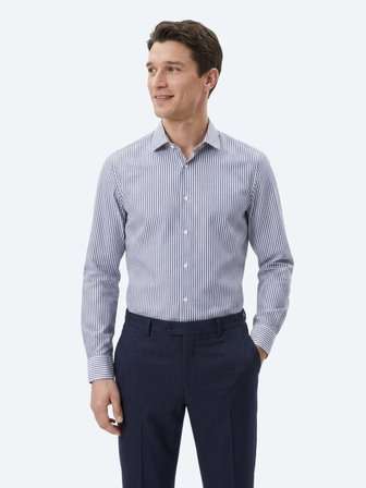Lacivert Çizgili Regular Fit Uzun Dokuma Casual Pamuk Karışımlı Gömlek