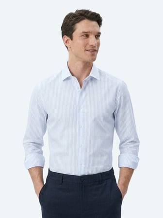 Açık Mavi Çizgili Regular Fit Uzun Dokuma Casual Pamuk Karışımlı Gömlek
