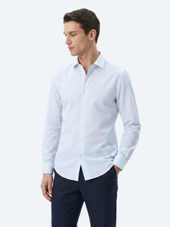 Açık Mavi Çizgili Regular Fit Uzun Dokuma Casual Pamuk Karışımlı Gömlek