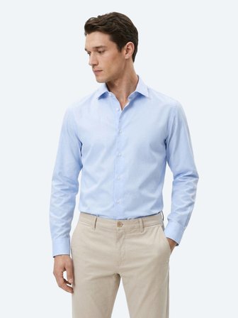 Açık Mavi Çizgili Regular Fit Uzun Dokuma Casual Pamuk Karışımlı Gömlek