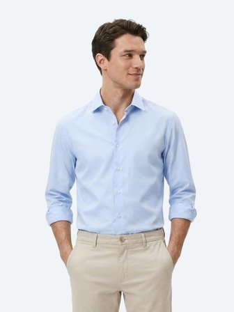 Açık Mavi Çizgili Regular Fit Uzun Dokuma Casual Pamuk Karışımlı Gömlek