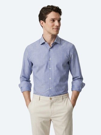 Açık Lacivert Çizgili Regular Fit Uzun Dokuma Casual Pamuk Karışımlı Gömlek