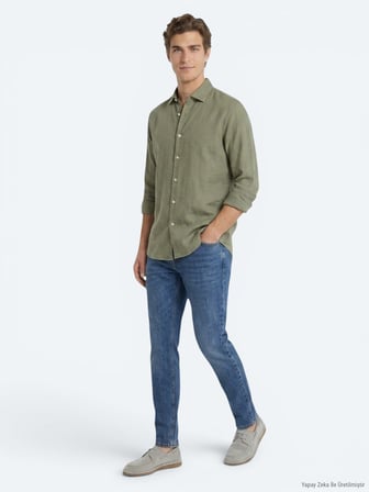 Nefti Yeşil Düz Regular Fit Uzun Dokuma Casual Pamuk Karışımlı Gömlek
