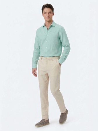 Açık Yeşil Regular Fit Uzun Dokuma Casual Pamuk Karışımlı Gömlek