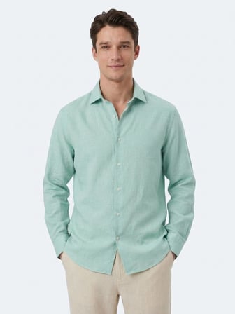 Açık Yeşil Regular Fit Uzun Dokuma Casual Pamuk Karışımlı Gömlek