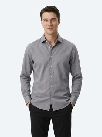 Gri Regular Fit Uzun Dokuma Casual Pamuk Karışımlı Gömlek