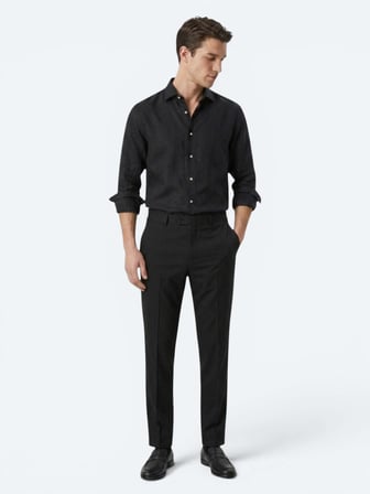 Siyah Regular Fit Uzun Dokuma Casual Pamuk Karışımlı Gömlek