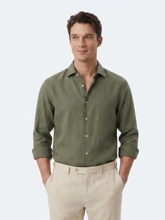 Haki Regular Fit Uzun Dokuma Casual Pamuk Karışımlı Gömlek