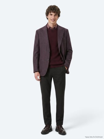 Bordo Desenli Modern Fit Yün Karışımlı Örme Ceket