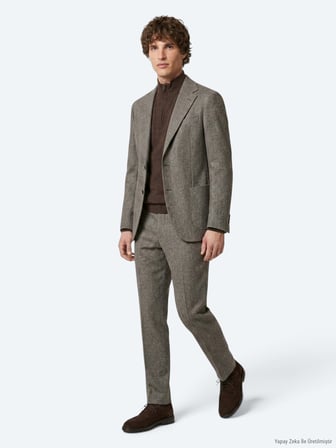 Açık Kahve Çizgili Modern Fit Yün Karışımlı Takım Elbise